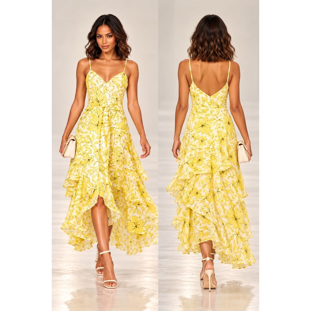Badgley Mischka Georgette Yellow Floral Tiered Ruffle Maxi Cocktail Dress Size 8